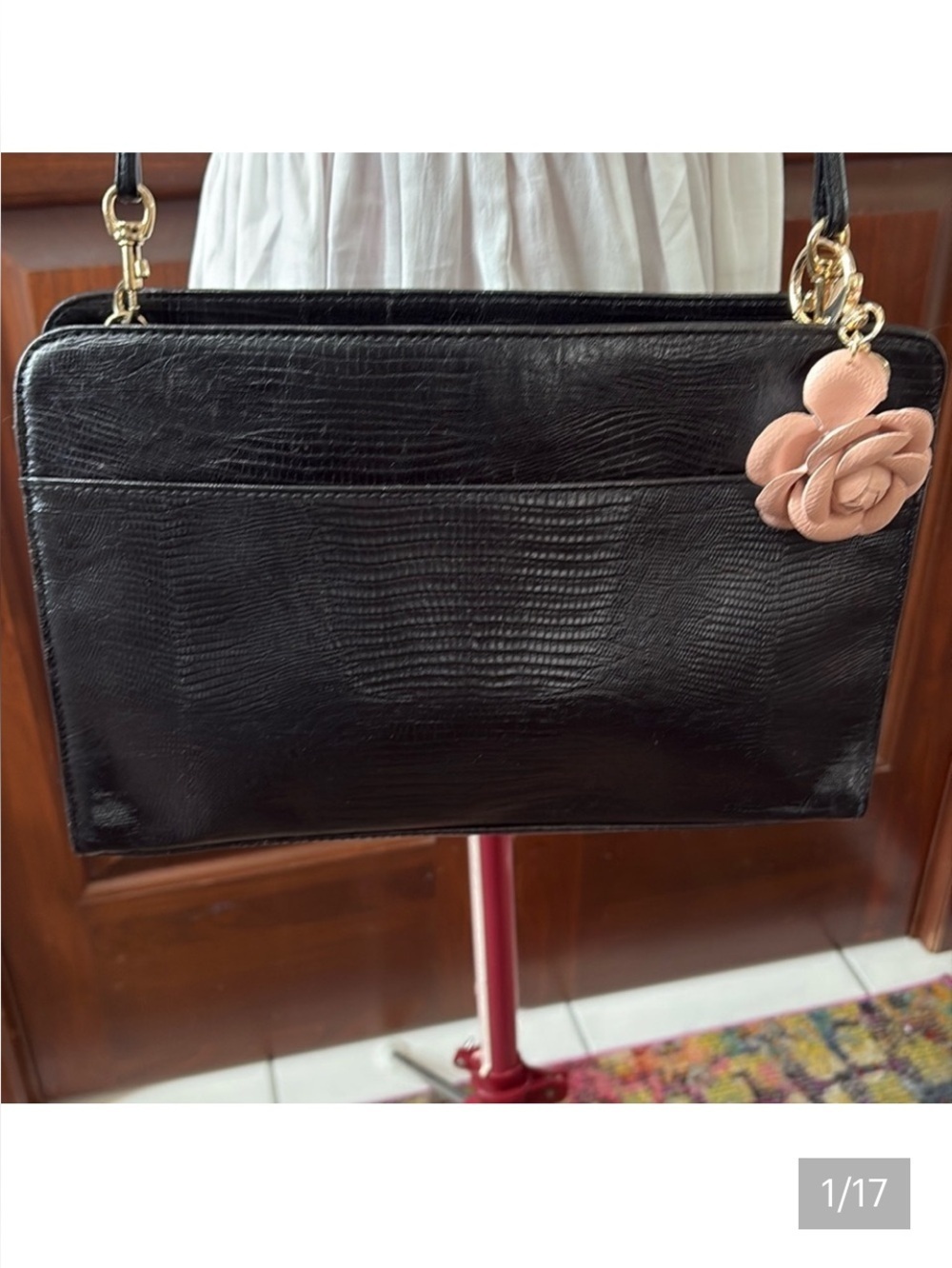 Robinson’s leather Crossbody bag reptile/ croc imprint black gold tone HW EUC